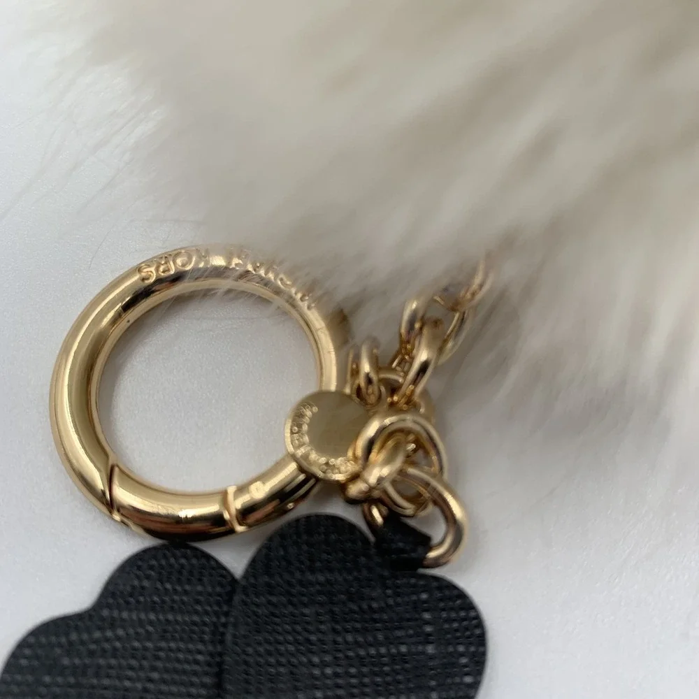 Michael Kors White Fur Pom Pom Keychain Bag Charm Gold Tone Ring Black Flower